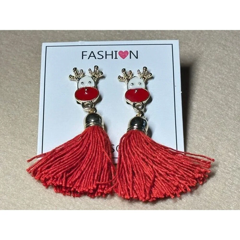 gold tone reindeer charm red tassel drop earrings holiday jewelry nwt new gift